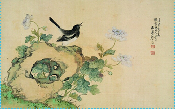 《紫花喜鹊》 居廉 1901年（辛丑年） 纸本设色 31.6cm×49.8cm 广州美术学院美术馆藏
